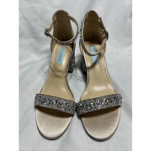 Betsey Johnson Champagne Satin Rhinestone Block Heel Sandals